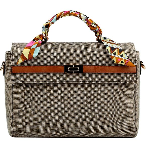 Linen Scarf Handle Satchel in Coffee - Picture 1 of 5
